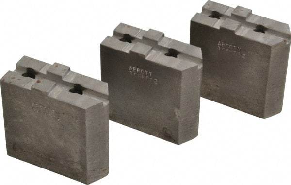 Abbott Workholding Products - 6" & Up Chuck Capacity, Tongue & Groove Attachment, Square Soft Lathe Chuck Jaw - 3 Jaws, Steel, 1-1/2" Btw Mount Hole Ctrs, 3" Long x 1-1/4" Wide x 3" High, 5/16" Groove, 3/8" Fastener - Apex Tool & Supply