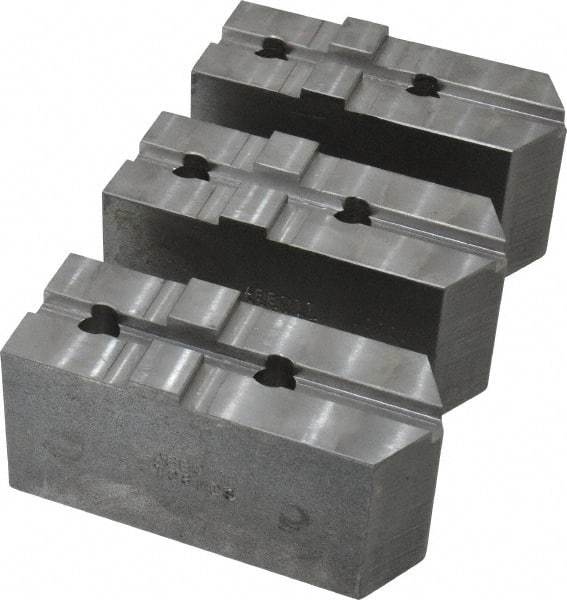 Abbott Workholding Products - 8" & Up Chuck Capacity, Tongue & Groove Attachment, Square Soft Lathe Chuck Jaw - 3 Jaws, Steel, 1-3/4" Btw Mount Hole Ctrs, 4" Long x 1-1/2" Wide x 2" High, 5/16" Groove, 3/8" Fastener - Apex Tool & Supply