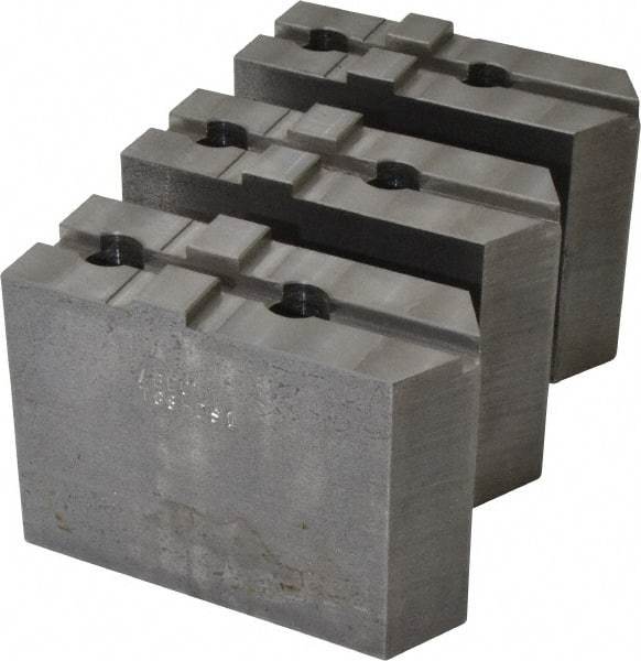 Abbott Workholding Products - 8" & Up Chuck Capacity, Tongue & Groove Attachment, Square Soft Lathe Chuck Jaw - 3 Jaws, Steel, 1-3/4" Btw Mount Hole Ctrs, 4" Long x 1-1/2" Wide x 3" High, 5/16" Groove, 1/2" Fastener - Apex Tool & Supply
