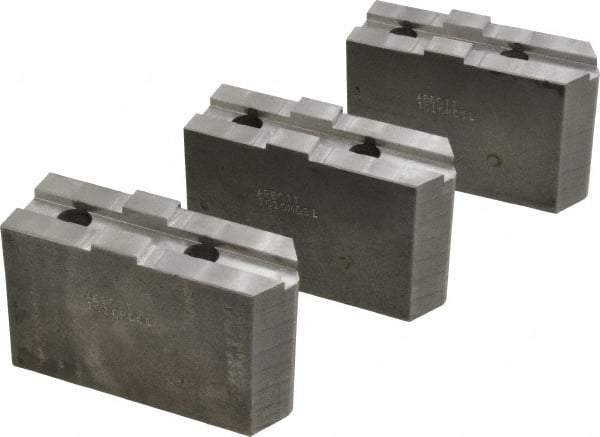 Abbott Workholding Products - 10" & Up Chuck Capacity, Tongue & Groove Attachment, Square Soft Lathe Chuck Jaw - 3 Jaws, Steel, 2-1/8" Btw Mount Hole Ctrs, 4-1/2" Long x 1-1/2" Wide x 3" High, 1/2" Groove, 1/2" Fastener - Apex Tool & Supply