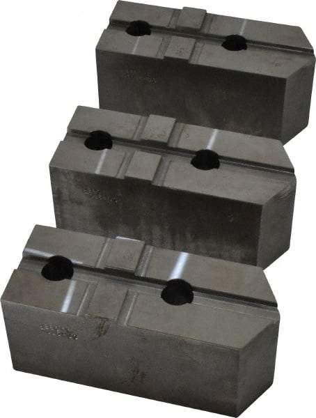 Abbott Workholding Products - 15 to 18" Chuck Capacity, Tongue & Groove Attachment, Square Soft Lathe Chuck Jaw - 3 Jaws, Steel, 3" Btw Mount Hole Ctrs, 6-1/2" Long x 2-1/2" Wide x 3" High, 1/2" Groove, 3/4" Fastener - Apex Tool & Supply