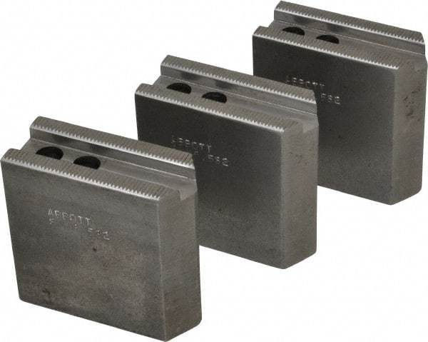 Abbott Workholding Products - 6-1/2" Chuck Capacity, 1/16" x 90 Serrated Attachment, Square Soft Lathe Chuck Jaw - 3 Jaws, Steel, 0.65" Btw Mount Hole Ctrs, 3" Long x 1-1/4" Wide x 3" High, 0.551" Groove, 0.3937" & 10mm Fastener - Apex Tool & Supply