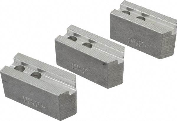 Abbott Workholding Products - 6" & Up Chuck Capacity, 1.5mm x 60° Serrated Attachment, Square Soft Lathe Chuck Jaw - 3 Jaws, Aluminum, 0.7874" Btw Mount Hole Ctrs, 3" Long x 1-1/4" Wide x 1-1/2" High, 0.4724" Groove, 0.3937" & 10mm Fastener - Apex Tool & Supply