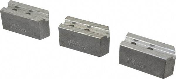 Abbott Workholding Products - 6" & Up Chuck Capacity, 1.5mm x 60° Serrated Attachment, Square Soft Lathe Chuck Jaw - 3 Jaws, Aluminum, 63/64" Btw Mount Hole Ctrs, 3" Long x 1-1/4" Wide x 1-1/2" High, 0.4331" Groove, 0.315" & 8mm Fastener - Apex Tool & Supply