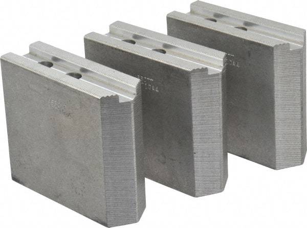 Abbott Workholding Products - 10" & Up Chuck Capacity, 1.5mm x 60° Serrated Attachment, Square Soft Lathe Chuck Jaw - 3 Jaws, Aluminum, 1.1811" Btw Mount Hole Ctrs, 4-1/2" Long x 1-1/2" Wide x 4" High, 0.6299" Groove, 0.4724" & 12mm Fastener - Apex Tool & Supply
