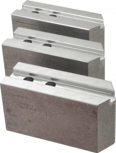 Abbott Workholding Products - 10" & Up Chuck Capacity, 1.5mm x 60° Serrated Attachment, Square Soft Lathe Chuck Jaw - 3 Jaws, Aluminum, 1.1811" Btw Mount Hole Ctrs, 5-1/2" Long x 2" Wide x 3" High, 0.6299" Groove, 0.4724" & 12mm Fastener - Apex Tool & Supply