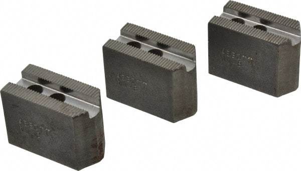 Abbott Workholding Products - 4" & Up Chuck Capacity, 1.5mm x 60° Serrated Attachment, Square Soft Lathe Chuck Jaw - 3 Jaws, Steel, 0.5512" Btw Mount Hole Ctrs, 2" Long x 1" Wide x 1-1/2" High, 0.3937" Groove, 0.315" & 8mm Fastener - Apex Tool & Supply