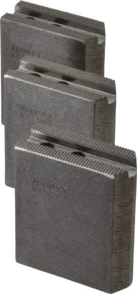 Abbott Workholding Products - 5" & Up Chuck Capacity, 1.5mm x 60° Serrated Attachment, Square Soft Lathe Chuck Jaw - 3 Jaws, Steel, 0.7087" Btw Mount Hole Ctrs, 2-1/2" Long x 1" Wide x 3" High, 0.3937" Groove, 0.315" & 8mm Fastener - Apex Tool & Supply