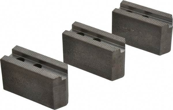 Abbott Workholding Products - 5" & Up Chuck Capacity, 1.5mm x 60° Serrated Attachment, Square Soft Lathe Chuck Jaw - 3 Jaws, Steel, 3/4" Btw Mount Hole Ctrs, 2-1/2" Long x 1" Wide x 1-1/2" High, 0.3937" Groove, 0.315" & 8mm Fastener - Apex Tool & Supply