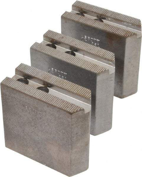 Abbott Workholding Products - 6" & Up Chuck Capacity, 1.5mm x 60° Serrated Attachment, Square Soft Lathe Chuck Jaw - 3 Jaws, Steel, 0.7874" Btw Mount Hole Ctrs, 3" Long x 1-1/4" Wide x 3" High, 0.4331" Groove, 0.3937" & 10mm Fastener - Apex Tool & Supply