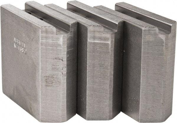 Abbott Workholding Products - 6" & Up Chuck Capacity, 1.5mm x 60° Serrated Attachment, Square Soft Lathe Chuck Jaw - 3 Jaws, Steel, 0.7874" Btw Mount Hole Ctrs, 3" Long x 1-1/4" Wide x 3" High, 0.4724" Groove, 0.3937" & 10mm Fastener - Apex Tool & Supply