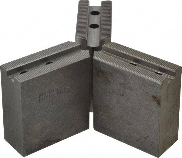 Abbott Workholding Products - 6" & Up Chuck Capacity, 1.5mm x 60° Serrated Attachment, Square Soft Lathe Chuck Jaw - 3 Jaws, Steel, 63/64" Btw Mount Hole Ctrs, 3" Long x 1-1/4" Wide x 3" High, 0.4331" Groove, 0.315" & 8mm Fastener - Apex Tool & Supply