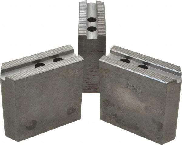 Abbott Workholding Products - 8" & Up Chuck Capacity, 1.5mm x 60° Serrated Attachment, Square Soft Lathe Chuck Jaw - 3 Jaws, Steel, 63/64" Btw Mount Hole Ctrs, 4" Long x 1-1/2" Wide x 4" High, 0.5512" Groove, 0.4724" & 12mm Fastener - Apex Tool & Supply