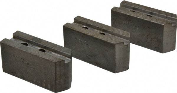Abbott Workholding Products - 8" & Up Chuck Capacity, 1.5mm x 60° Serrated Attachment, Square Soft Lathe Chuck Jaw - 3 Jaws, Steel, 1.1811" Btw Mount Hole Ctrs, 4" Long x 1-1/2" Wide x 2" High, 0.5512" Groove, 0.3937" & 10mm Fastener - Apex Tool & Supply