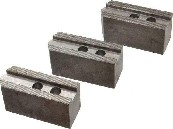 Abbott Workholding Products - 8" & Up Chuck Capacity, 1.5mm x 60° Serrated Attachment, Square Soft Lathe Chuck Jaw - 3 Jaws, Steel, 63/64" Btw Mount Hole Ctrs, 4" Long x 1-1/2" Wide x 2" High, 0.6299" Groove, 0.4724" & 12mm Fastener - Apex Tool & Supply