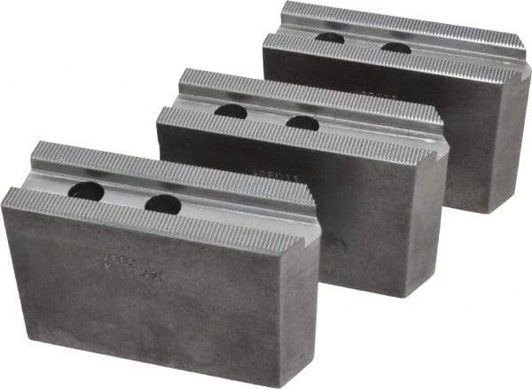 Abbott Workholding Products - 10" & Up Chuck Capacity, 1.5mm x 60° Serrated Attachment, Square Soft Lathe Chuck Jaw - 3 Jaws, Steel, 1.1811" Btw Mount Hole Ctrs, 4-1/2" Long x 1-1/2" Wide x 3" High, 0.6299" Groove, 0.4724" & 12mm Fastener - Apex Tool & Supply