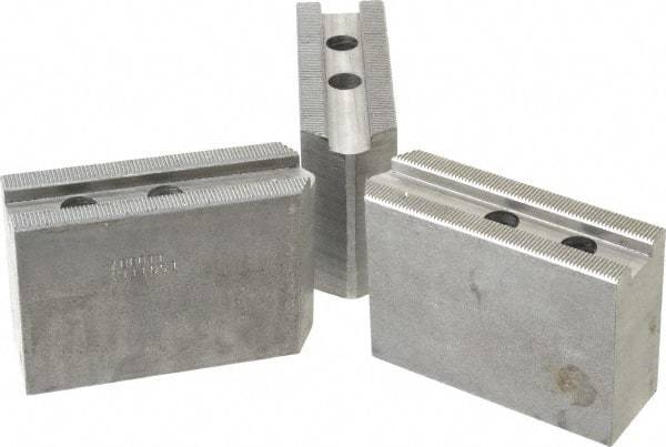 Abbott Workholding Products - 10" & Up Chuck Capacity, 1.5mm x 60° Serrated Attachment, Square Soft Lathe Chuck Jaw - 3 Jaws, Steel, 1.2598" Btw Mount Hole Ctrs, 4-1/2" Long x 1-1/2" Wide x 3" High, 0.6299" Groove, 0.4724" & 12mm Fastener - Apex Tool & Supply