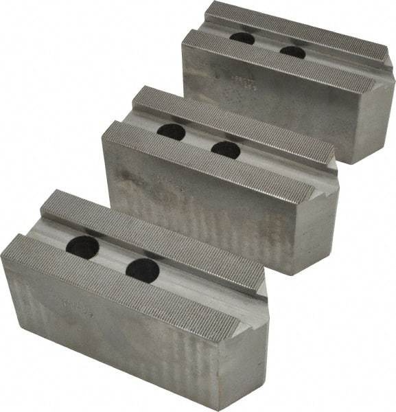 Abbott Workholding Products - 15 to 18" Chuck Capacity, 1.5mm x 60° Serrated Attachment, Square Soft Lathe Chuck Jaw - 3 Jaws, Steel, 1.6929" Btw Mount Hole Ctrs, 6-1/2" Long x 2-1/2" Wide x 3" High, 0.8661" Groove, 0.7874" & 20mm Fastener - Apex Tool & Supply