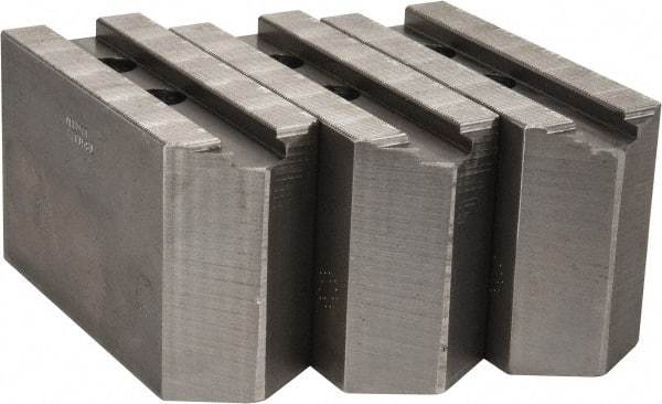 Abbott Workholding Products - 15 to 18" Chuck Capacity, 1.5mm x 60° Serrated Attachment, Square Soft Lathe Chuck Jaw - 3 Jaws, Steel, 1.6929" Btw Mount Hole Ctrs, 6-1/2" Long x 2-1/2" Wide x 4" High, 0.8661" Groove, 0.7874" & 20mm Fastener - Apex Tool & Supply