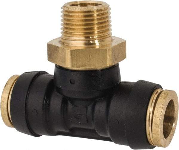 Parker - 1/2" Tube OD, 3/8 NPT Composite Push-to-Connect Tube Male Swivel Branch Tee - 250 Max psi, Tube to Male NPT Connection, Buna-N O-Ring, -40 to 200°F Working Temp - Apex Tool & Supply