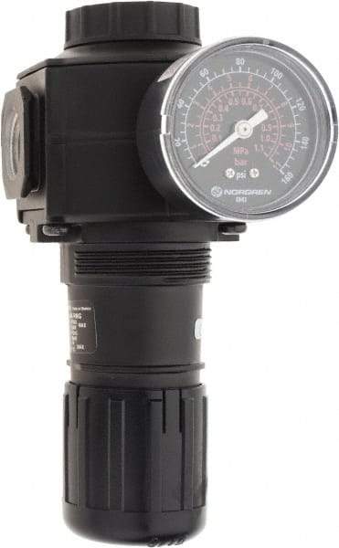 Norgren - 1/2 NPT Port, 220 CFM, Zinc Standard Regulator - 5 to 150 psi Range, 300 Max psi Supply Pressure, 1/4" Gauge Port Thread, 3.15" Wide x 6.67" High - Apex Tool & Supply