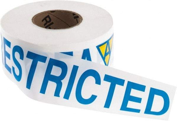 NMC - 1,000' Long x 3" Wide Roll, Vinyl, White, Blue & Yellow Barricade Tape - Message: Restricted Area - Apex Tool & Supply