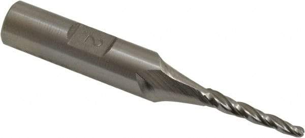 Made in USA - 2° Taper Angle per Side, 3/32" Small End Diam, 3/4" LOC, High Speed Steel 3 Flute Tapered Ball End Mill - 2-1/2" OAL, 3/8" Shank Diam - Apex Tool & Supply