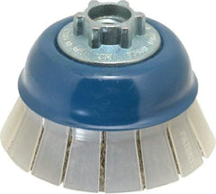 JAZ USA - 3" Diam, 5/8-11 & M14x2.00 Threaded Arbor, Stainless Steel Fill Cup Brush - 0.012 Wire Diam, 7/8" Trim Length, 13,000 Max RPM - Apex Tool & Supply