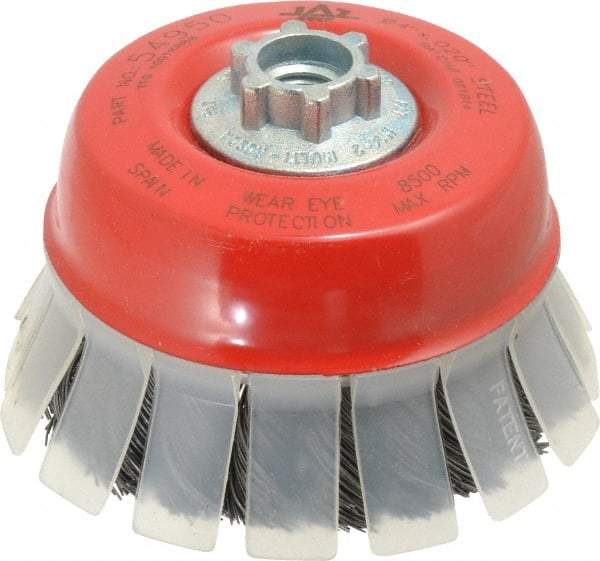 JAZ USA - 4" Diam, 5/8-11 & M14x2.00 Threaded Arbor, Steel Fill Cup Brush - 0.02 Wire Diam, 1-1/8" Trim Length, 8,500 Max RPM - Apex Tool & Supply