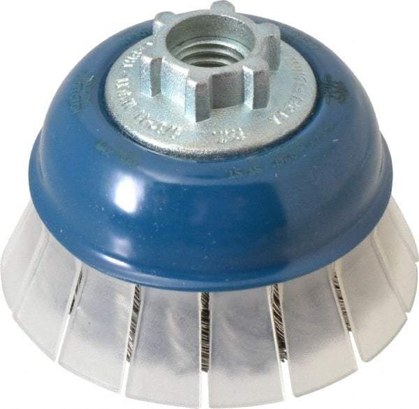 JAZ USA - 2-3/4" Diam, 5/8-11 & M14x2.00 Threaded Arbor, Stainless Steel Fill Cup Brush - 0.02 Wire Diam, 3/4" Trim Length, 15,000 Max RPM - Apex Tool & Supply