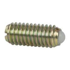 Vlier - M6x1.0, 3.5mm Ball Diam, 14mm Body Length, 1mm Max Ball Reach, Threaded Ball Plunger - Steel Body, Nylon Ball, 6.29 Lb Initial End Force, 9 Lb Final End Force, Locking Element - Apex Tool & Supply