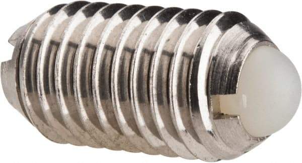 Vlier - M10x1.5, 6mm Ball Diam, 19mm Body Length, 2.01mm Max Ball Reach, Threaded Ball Plunger - Stainless Steel Body, Nylon Ball, 13.49 Lb Initial End Force, 20.23 Lb Final End Force, Locking Element - Apex Tool & Supply