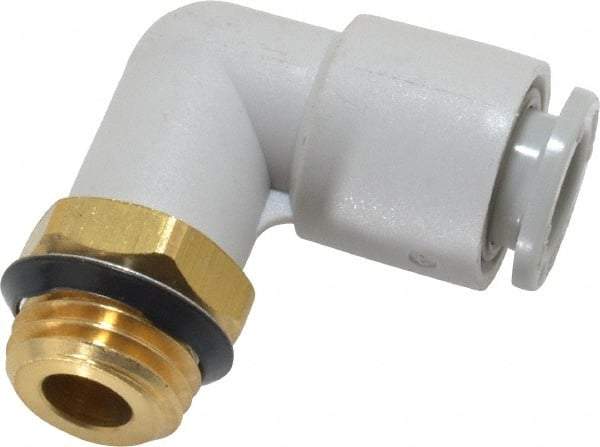 SMC PNEUMATICS - 8mm OD, 1/4 Universal, Brass/Polybutylene Push-to-Connect Male Elbow - 145 Max psi, White - Apex Tool & Supply