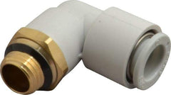 SMC PNEUMATICS - 10mm OD, 1/4 Universal, Brass/Polybutylene Push-to-Connect Male Elbow - 145 Max psi, White - Apex Tool & Supply