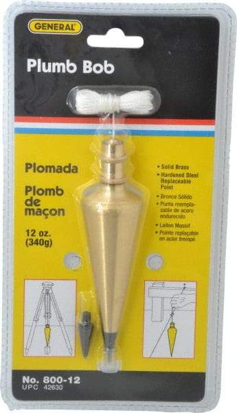 General - 5 Inch Long, 1-3/8 Inch Diameter Brass Plumb Bob - 12 Ounce, Has Replacable Tip - Apex Tool & Supply