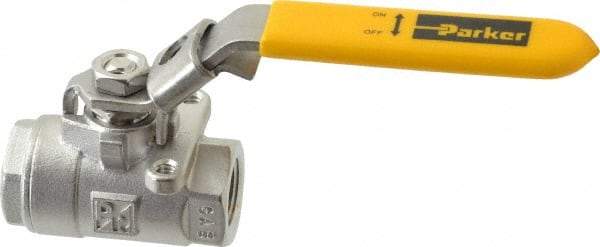 Parker - 3/8" Pipe, Full Port, Stainless Steel Standard Ball Valve - 2 Piece, Inline - One Way Flow, FNPT x FNPT Ends, Padlock Handle, 2,000 WOG, 150 WSP - Apex Tool & Supply