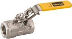 Parker - 1-1/2" Pipe, Full Port, Stainless Steel Standard Ball Valve - 2 Piece, Inline - One Way Flow, FNPT x FNPT Ends, Padlock Handle, 1,500 WOG, 150 WSP - Apex Tool & Supply