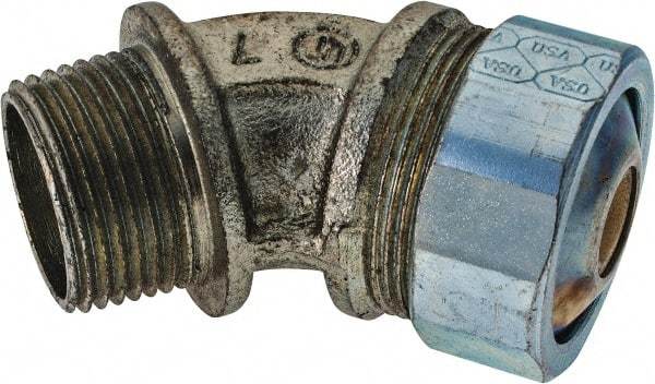 Cooper Crouse-Hinds - 1/4 to 0.35" Cable Capacity, Liquidtight, Elbow Strain Relief Cord Grip - 3/4 NPT Thread, 2-17/32" Long, Malleable Iron - Apex Tool & Supply