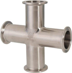 VNE - 1-1/2", Clamp Style, Sanitary Stainless Steel Pipe Cross - Tube OD Connection, Grade 304 - Apex Tool & Supply