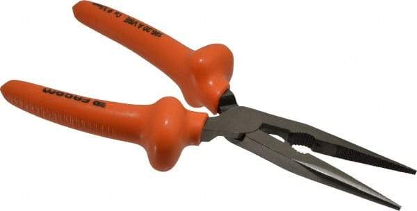 Facom - 8-9/32" OAL, 2-23/32" Jaw Length x 1-3/8" Jaw Width, Long Nose Side Cutting Burnished Insulated Pliers - Serrated Jaw, Half Round Nose Head, Plastic Coated Handles - Apex Tool & Supply