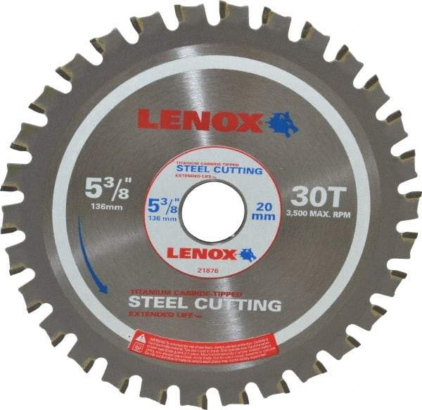 Lenox - 5-3/8" Diam, 20mm Arbor Hole Diam, 30 Tooth Wet & Dry Cut Saw Blade - Titanium Carbide-Tipped, General Purpose Action, Standard Round Arbor - Apex Tool & Supply