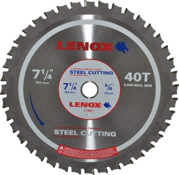 Lenox - 7-1/4" Diam, 5/8" Arbor Hole Diam, 40 Tooth Wet & Dry Cut Saw Blade - Titanium Carbide-Tipped, General Purpose Action, Standard Round Arbor - Apex Tool & Supply