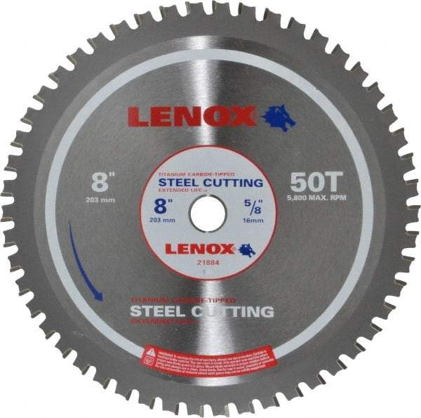 Lenox - 8" Diam, 5/8" Arbor Hole Diam, 50 Tooth Wet & Dry Cut Saw Blade - Titanium Carbide-Tipped, General Purpose Action, Standard Round Arbor - Apex Tool & Supply