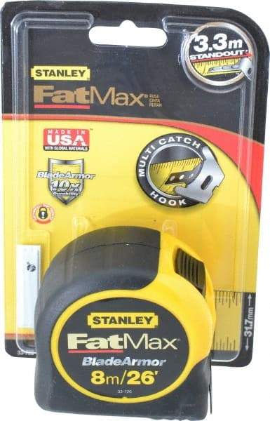 Stanley - 26' x 1-1/4" Yellow Blade Tape Measure - 1/32 & 1/16" & 1mm Graduation, Inch/Metric Graduation Style, Yellow/Black Case - Apex Tool & Supply