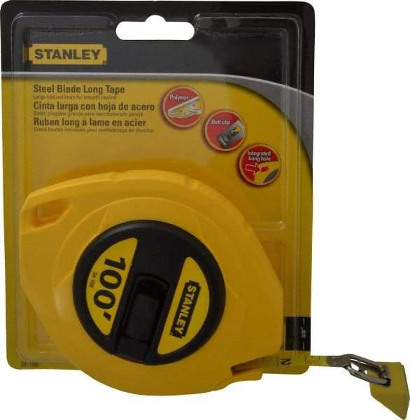 Stanley - 100' x 3/8" Yellow Blade Tape Measure - 1/8" Graduation, Inch Graduation Style, Yellow Case - Apex Tool & Supply
