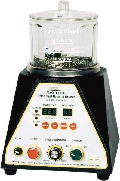 Raytech - 1/12 hp, 150 Grams Pin Capacity, Centrifugal Magnetic Finisher - 6" Bowl Diam, 115 Volts, with Variable Speed, Forward-Reverse Function & Programmable Timer - Apex Tool & Supply