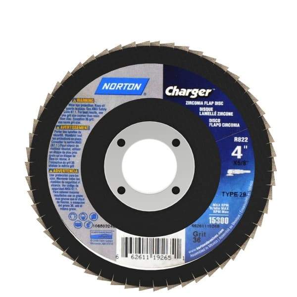 Norton - 36 Grit, 4" Disc Diam, 5/8" Center Hole, Type 29 Zirconia Alumina Flap Disc - 15,000 Max RPM, Fiberglass Backing, Arbor Attaching System, Coated - Apex Tool & Supply