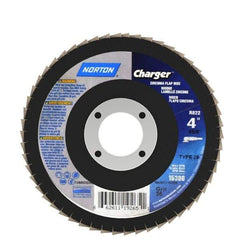 Norton - 36 Grit, 4" Disc Diam, 5/8" Center Hole, Type 29 Zirconia Alumina Flap Disc - 15,000 Max RPM, Fiberglass Backing, Arbor Attaching System, Coated - Apex Tool & Supply