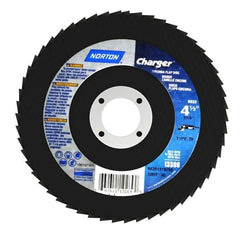 Norton - 40 Grit, 4-1/2" Disc Diam, 7/8" Center Hole, Type 29 Zirconia Alumina Flap Disc - 13,000 Max RPM, Fiberglass Backing, Arbor Attaching System, Coated - Apex Tool & Supply