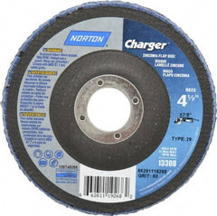Norton - 60 Grit, 4-1/2" Disc Diam, 7/8" Center Hole, Type 29 Zirconia Alumina Flap Disc - 13,000 Max RPM, Fiberglass Backing, Arbor Attaching System, Coated - Apex Tool & Supply